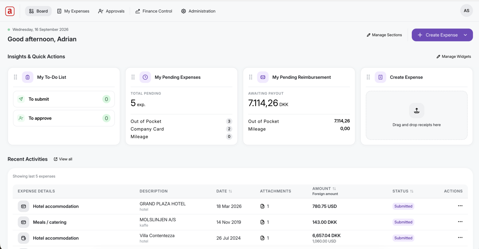 The Acubiz dashboard with to-do list, pending expenses and recent activity