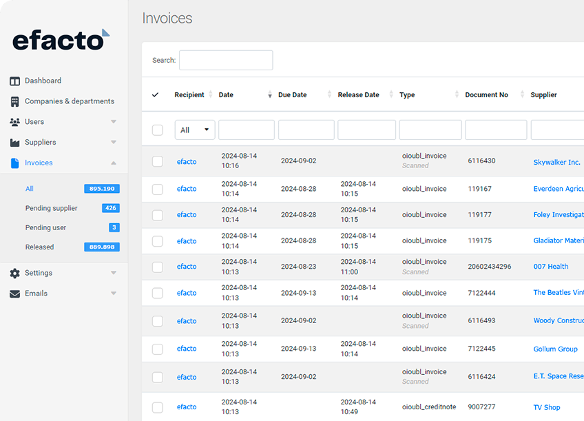 efacto portal overview of invoices